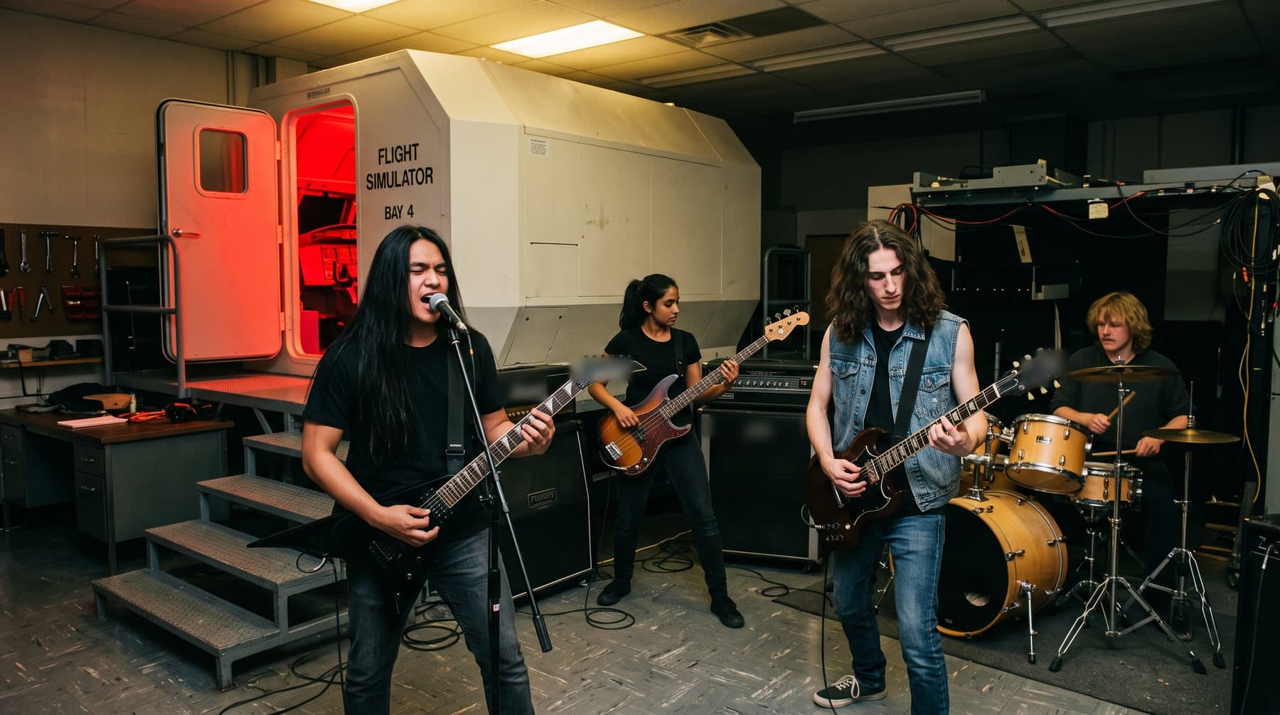 Four young musicians rehearsing between a flight simulator cab and a wall of equipment racks, a woman on bass