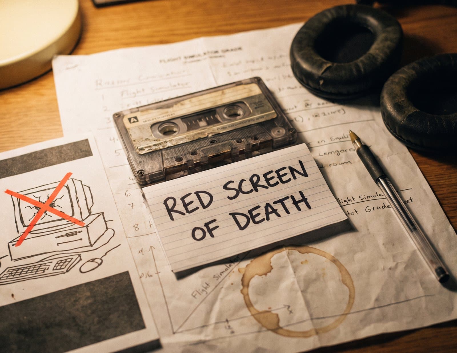A cassette with a hand-lettered RED SCREEN OF DEATH card lying on a simulator grade sheet beside headset ear cups and a pen