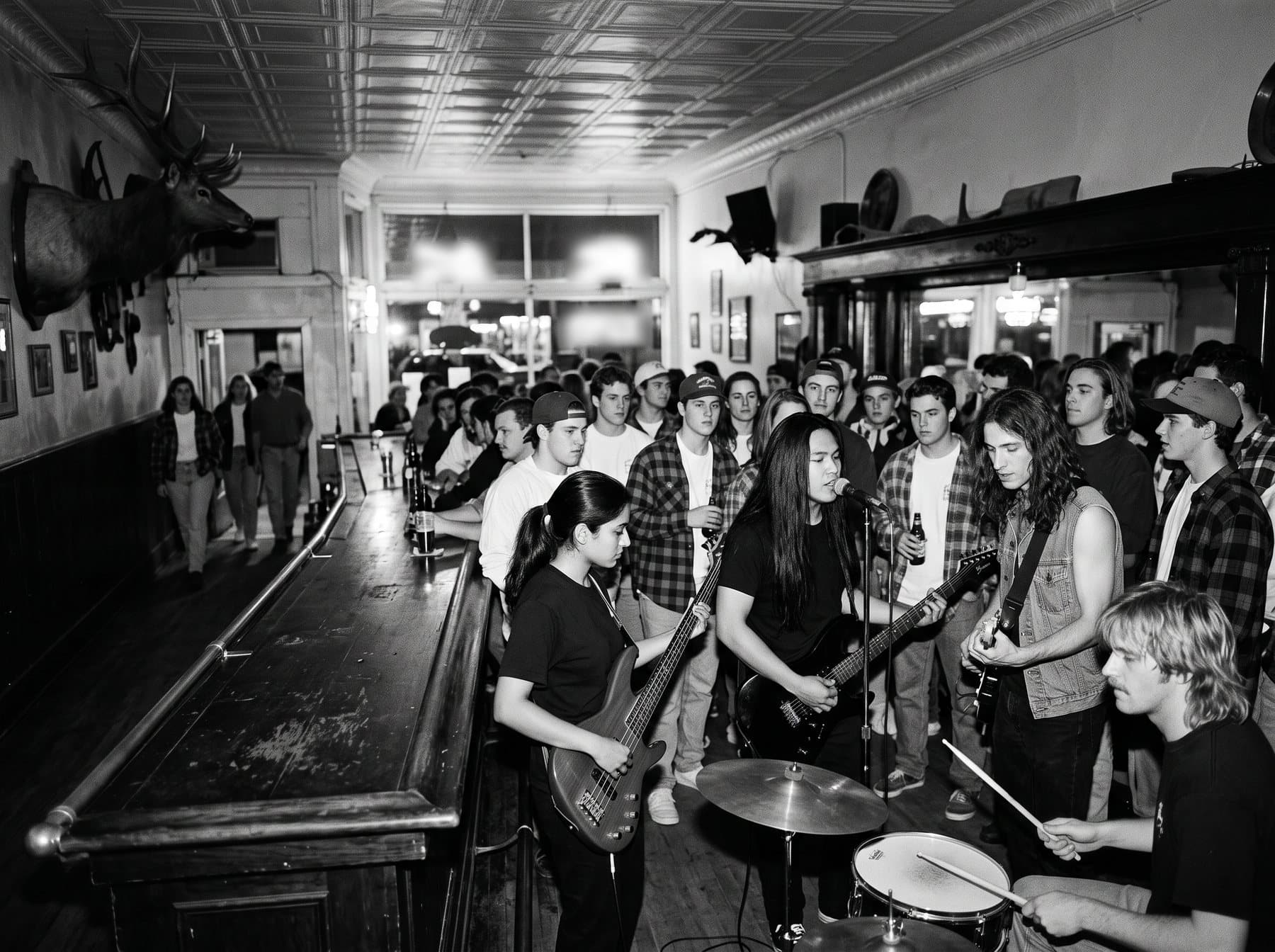 A narrow old saloon at night with a thrash band playing in the corner for a small crowd of college students
