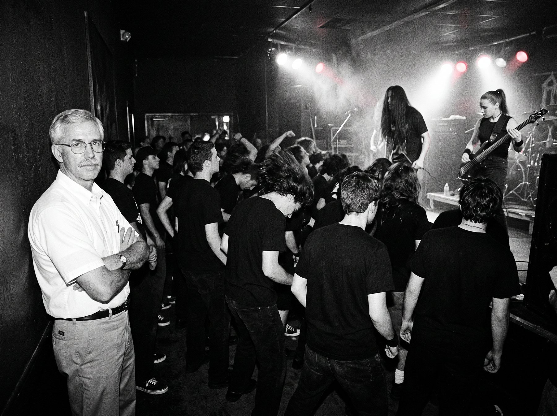 The back of a small club during a loud show, an older man with folded arms standing alone against the rear wall
