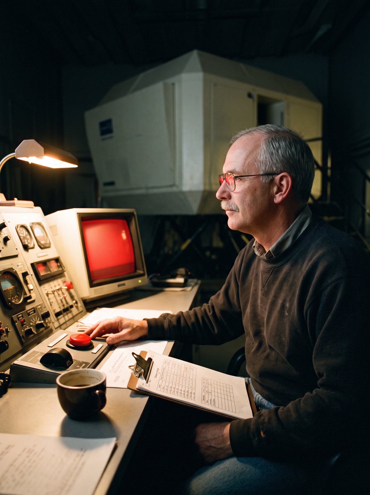 A grey-haired instructor in glasses seated at a simulator console late at night